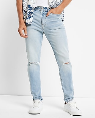 Athletic Skinny Ripped Light Wash Stretch Jeans