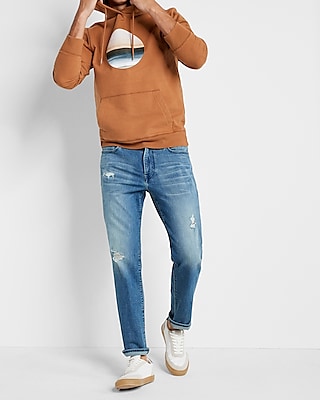 Slim Straight Medium Wash Ripped Hyper Stretch Jeans