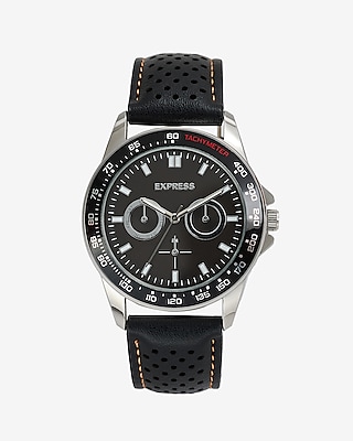 Black Perforated Faux Leather Watch Black Men's One Size