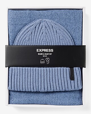 Blue Herringbone Hat & Scarf Set