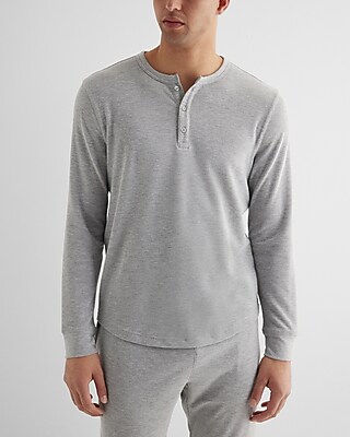 Waffle Knit Long Sleeve Henley T-Shirt Gray Men's M
