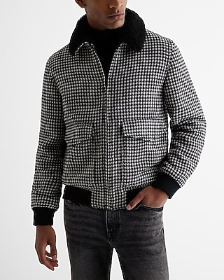 Sherpa Collar Houndstooth Wool-Blend Bomber Jacket