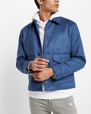 Blue Faux Suede Bomber Jacket