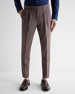 Slim Brown Check Wool-Blend Modern Tech Belted Suit Pants