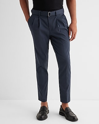 Slim Dark Blue Cotton Stretch Belted Suit Pants