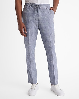 Slim Blue Plaid Linen-Blend Drawstring Elastic Waist Suit Pants