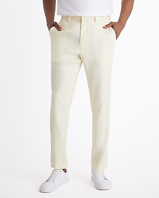 Men's Extra Slim Yellow Linen-Blend Hybrid Elastic Waist Dress Pants Yellow W33 L30