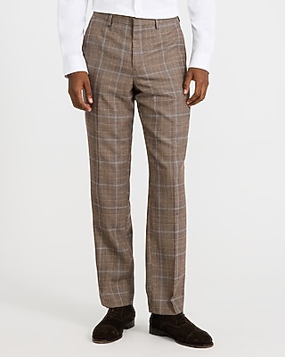 Slim Brown Plaid Wool-Blend Suit Pant