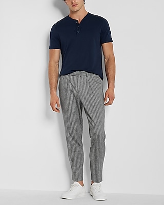 Slim Striped Gray Belted Linen-Blend Cropped Dress Pants