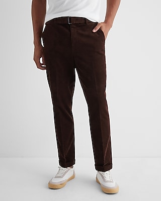 Slim Brown Corduroy Belted Dress Pants