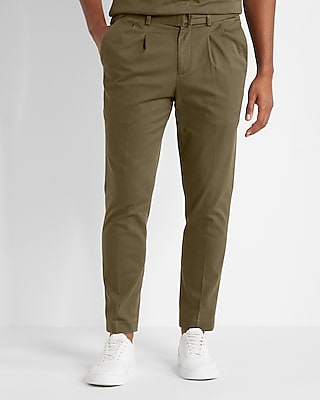 Slim Solid Green Belted Cotton Hyper Stretch Cropped Suit Pants