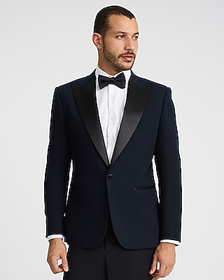 Express Men's Slim Navy Herringbone Wool-Blend Tuxedo Jacket in Navy Blue