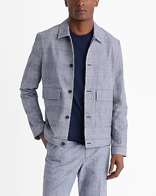 Slim Blue Plaid Linen-Blend Shirt Jacket