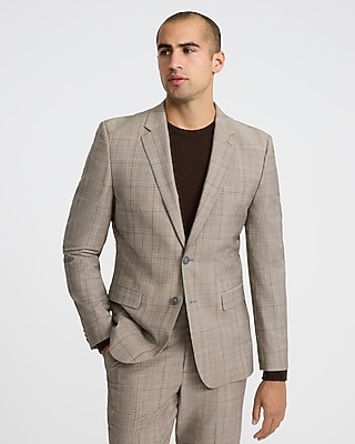 Express Men's Extra Slim Plaid Wool-Blend Stretch Suit Jacket in Stone