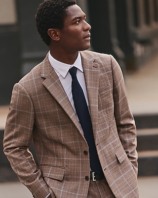Slim Brown Plaid Wool-Blend Suit Jacket