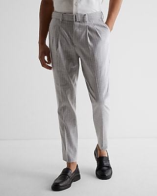 Slim Striped Linen-Blend Belted Dress Pants