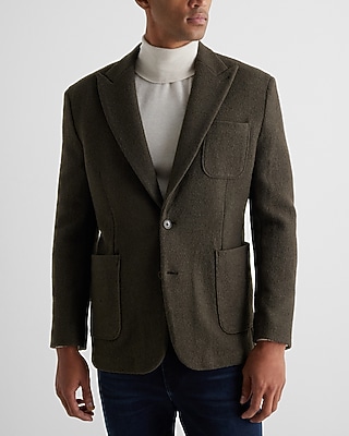 Slim Dark Olive Textured Boucle Blazer