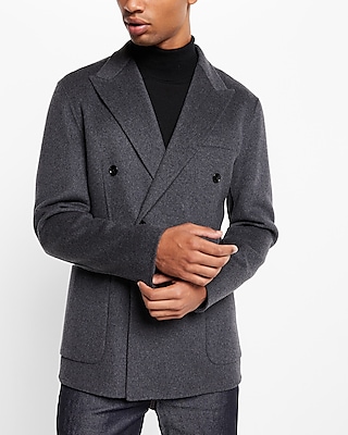 Express Slim Grey Wool-Blend Double Breasted Suit Jacket Gray