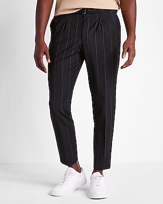 Slim Black Striped Belted Wool-Blend Modern Tech Dress Pants