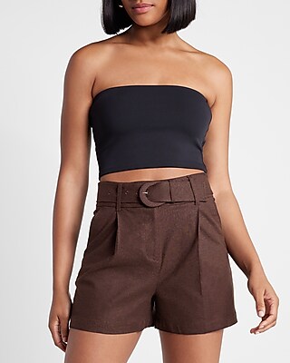 Super High Waisted Belted Linen-Blend Shorts Brown Women's