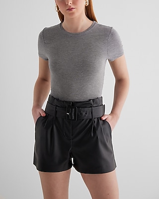 Super High Waisted Faux Leather Belted Paperbag Shorts Black Women's 4