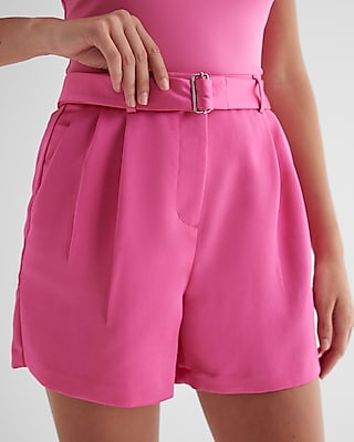 Super High Waisted Satin Belted Pleated Shorts