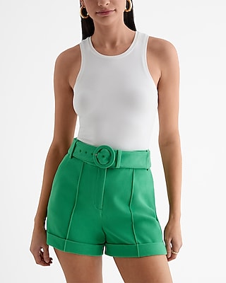 Super High Waisted Belted Pintuck Shorts Women's