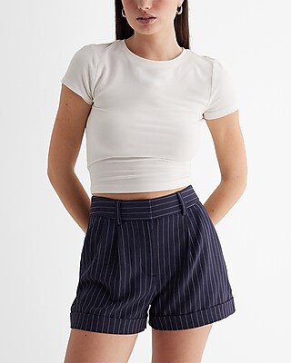 Stylist High Waisted Pinstripe Pleated Shorts Blue Women's