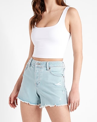 Mid Rise Medium Wash Destroyed Boyfriend Jean Shorts