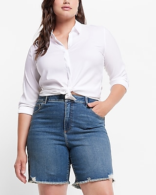 Curvy High Waisted Medium Wash Bermuda Jean Shorts