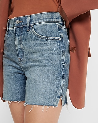 High Waisted Medium Wash Raw Hem Midi  Jean Shorts