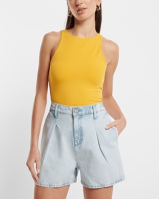 Super High Waisted Light Wash Tailored Jean Shorts