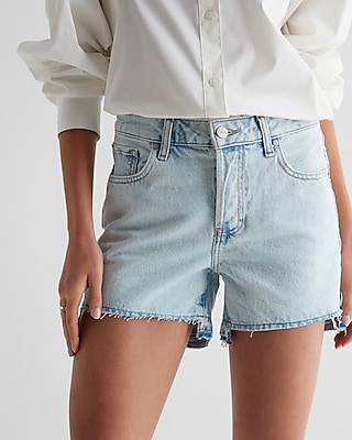 Mid Rise Light Wash Drop Hem Midi Jean Shorts