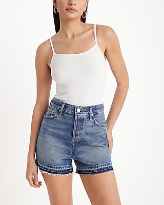 Super High Waisted Drop Hem Jean Shorts