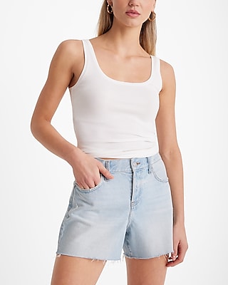 Mid Rise Light Wash Raw Hem Midi Jean Shorts