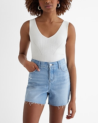 Mid Rise Light Wash Distressed Raw Hem Jean Shorts