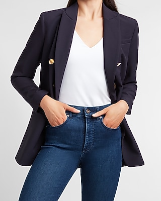 Supersoft Twill Double Breasted Novelty Button Cropped Business Blazer