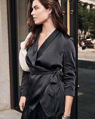 Satin Tie Front Cropped Business Blazer