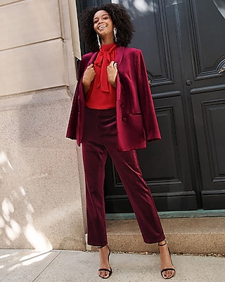 Velvet Double Breasted Shawl Collar Cropped Business Blazer Red Women's XS