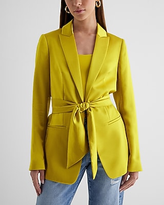 Satin Tie Waist Cropped Business Blazer Yellow Women's XL