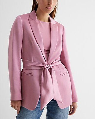 Satin Tie Waist Cropped Business Blazer Pink Women's XS