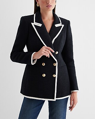 Tweed Double Breasted Tipped Novelty Button Cropped Business Blazer Black Women's XL