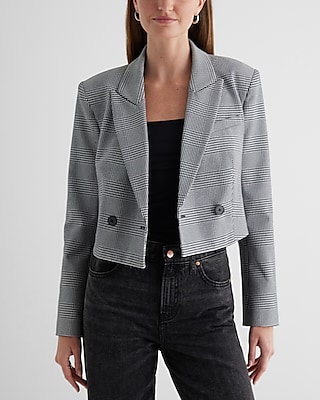 Plaid Double Breasted Cropped Cropped Business Blazer Multi-Color Women's S