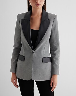 Faux Leather Pieced Houndstooth One Button Cropped Business Blazer