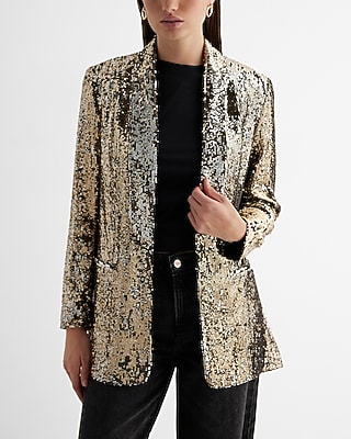 Sequin Open Front Oversized Boyfriend Blazer Gray Women's XS