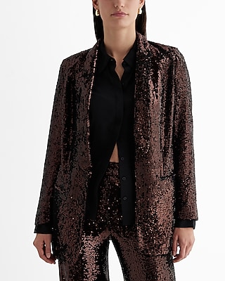 Sequin Open Front Oversized Boyfriend Blazer Brown Women's XS