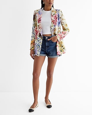 Floral Double Breasted Cropped Business Blazer Multi-Color Women's XS