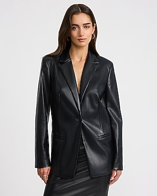 Faux Leather One Button Oversized Blazer