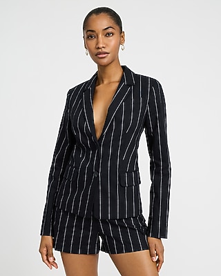 Editor Linen-Blend Striped Two Button Long Slim Blazer
