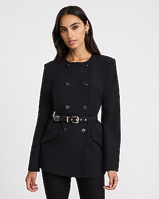Collarless Double Breasted Belted Blazer in Studio Stretch Twill